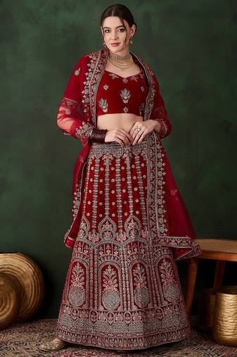Maroon Semi-Stiched Heavy Zari Embroidery Velvet Lehenga Choli 