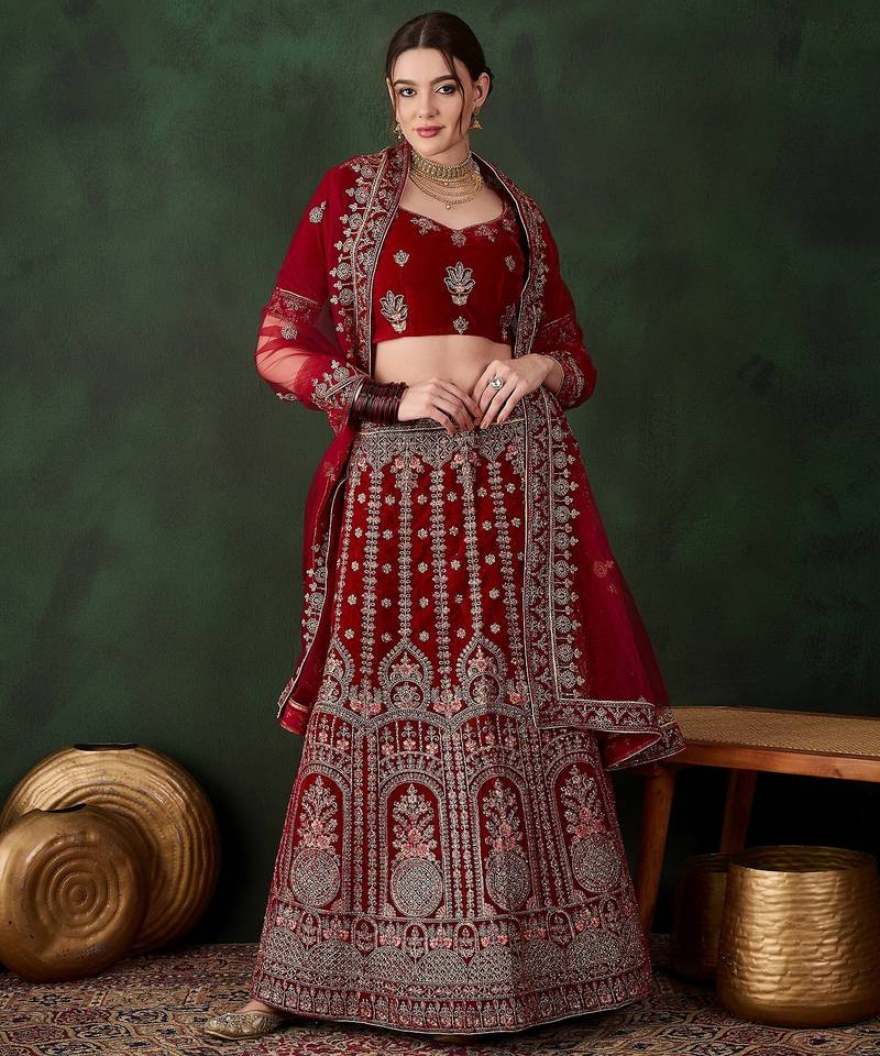 Maroon Semi-Stiched Heavy Zari Embroidery Velvet Lehenga Choli 