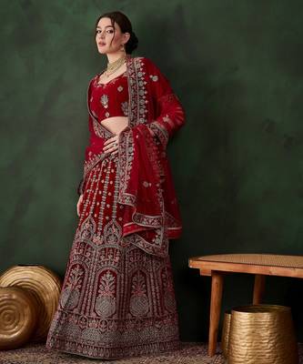 Maroon Semi-Stiched Heavy Zari Embroidery Velvet Lehenga Choli  2