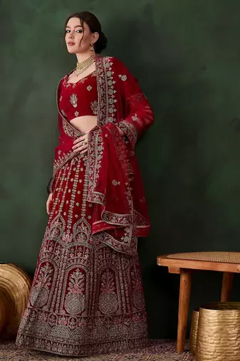 Maroon Semi-Stiched Heavy Zari Embroidery Velvet Lehenga Choli 