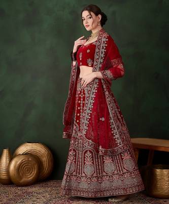 Maroon Semi-Stiched Heavy Zari Embroidery Velvet Lehenga Choli  3