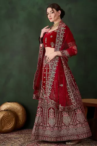 Maroon Semi-Stiched Heavy Zari Embroidery Velvet Lehenga Choli 