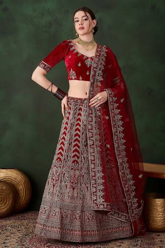 Maroon Semi-Stiched Heavy Zari Embroidery Velvet Lehenga Choli 