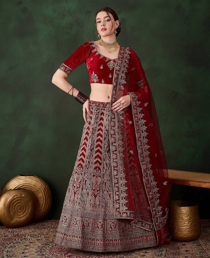 Maroon Semi-Stiched Heavy Zari Embroidery Velvet Lehenga Choli 