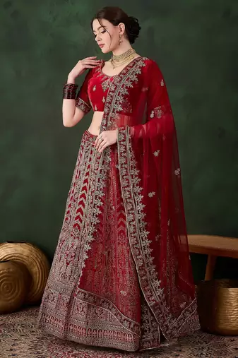 Maroon Semi-Stiched Heavy Zari Embroidery Velvet Lehenga Choli 
