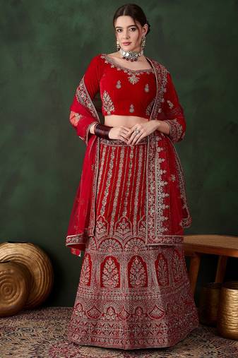 Red Semi-Stiched Heavy Zari Embroidery Velvet Lehenga Choli 