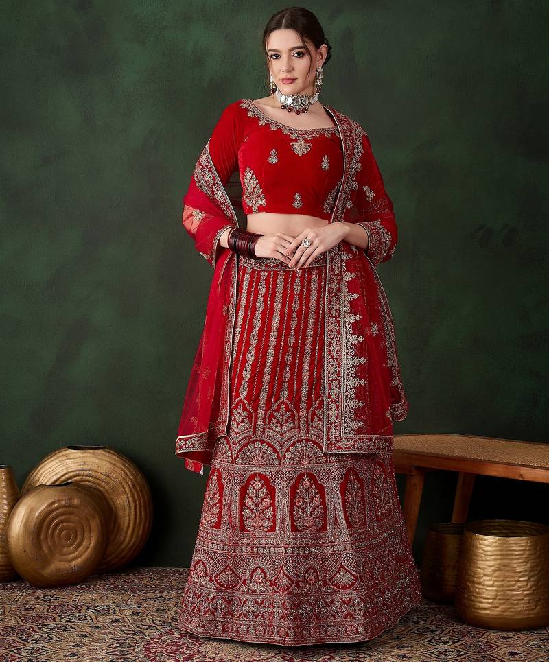 Red Semi-Stiched Heavy Zari Embroidery Velvet Lehenga Choli 