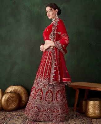 Red Semi-Stiched Heavy Zari Embroidery Velvet Lehenga Choli  2
