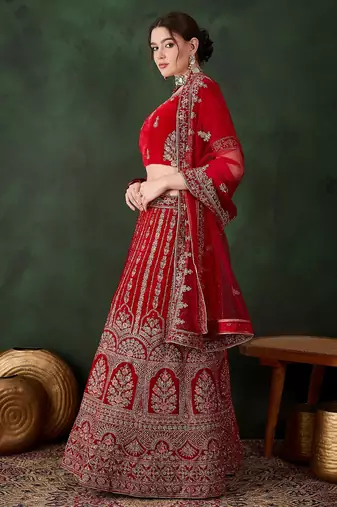 Red Semi-Stiched Heavy Zari Embroidery Velvet Lehenga Choli 