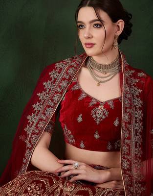 Maroon Semi-Stiched Heavy Zari Embroidery Velvet Lehenga Choli  4