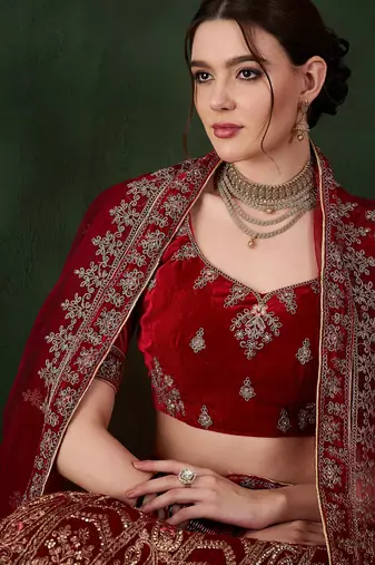 Maroon Semi-Stiched Heavy Zari Embroidery Velvet Lehenga Choli 