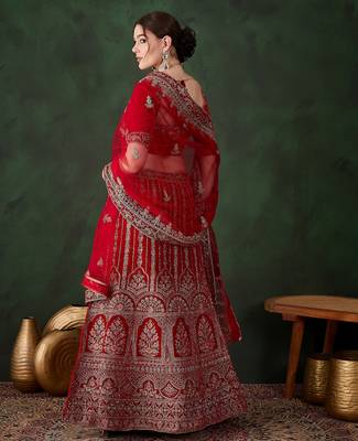 Red Semi-Stiched Heavy Zari Embroidery Velvet Lehenga Choli  3