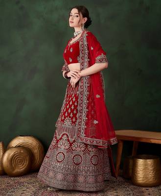 Red Semi-Stiched Heavy Zari Embroidery Velvet Lehenga Choli  1