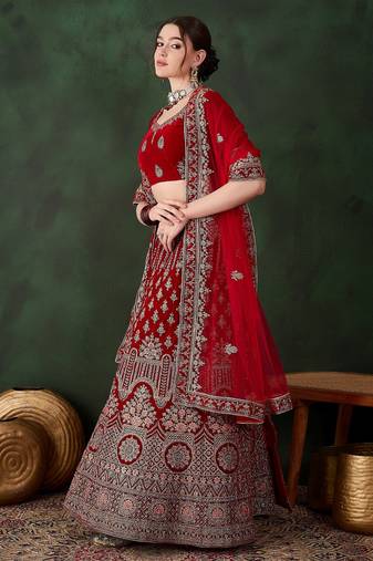 Red Semi-Stiched Heavy Zari Embroidery Velvet Lehenga Choli 