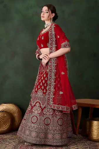 Red Semi-Stiched Heavy Zari Embroidery Velvet Lehenga Choli 