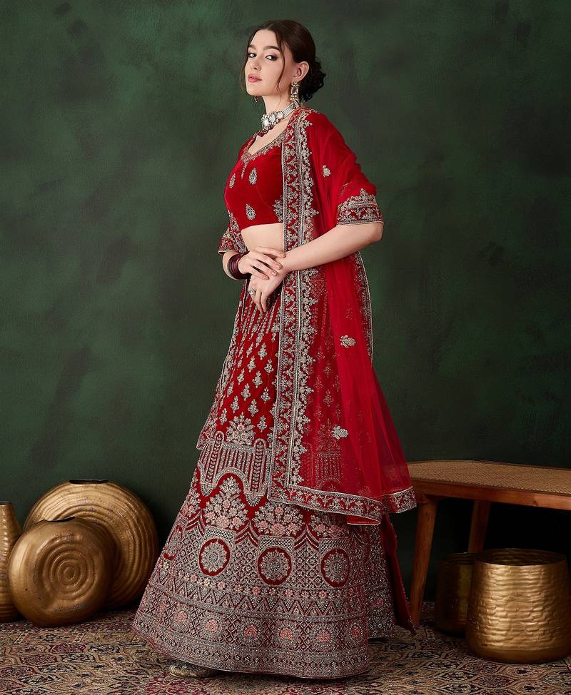 Red Semi-Stiched Heavy Zari Embroidery Velvet Lehenga Choli 
