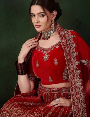 Red Semi-Stiched Heavy Zari Embroidery Velvet Lehenga Choli  4