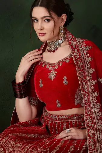Red Semi-Stiched Heavy Zari Embroidery Velvet Lehenga Choli 