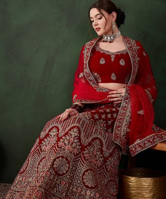 Red Semi-Stiched Heavy Zari Embroidery Velvet Lehenga Choli  2