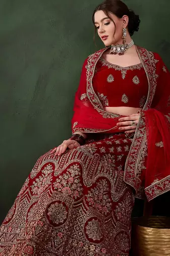 Red Semi-Stiched Heavy Zari Embroidery Velvet Lehenga Choli 