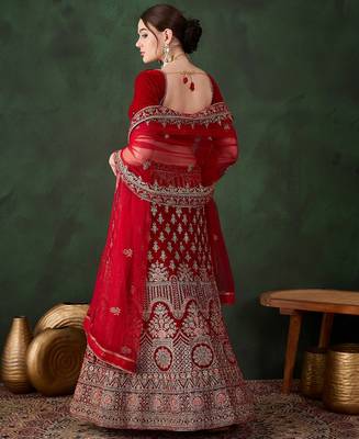 Red Semi-Stiched Heavy Zari Embroidery Velvet Lehenga Choli  3