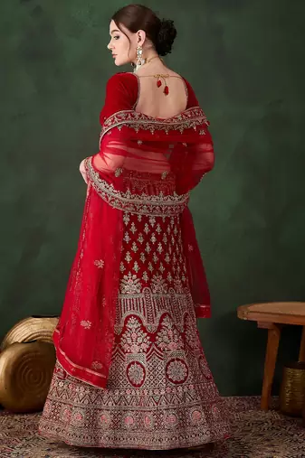 Red Semi-Stiched Heavy Zari Embroidery Velvet Lehenga Choli 