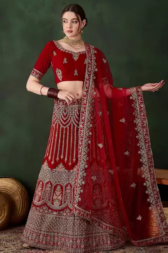 Red Semi-Stiched Heavy Zari Embroidery Velvet Lehenga Choli 