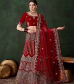 Red Semi-Stiched Heavy Zari Embroidery Velvet Lehenga Choli 