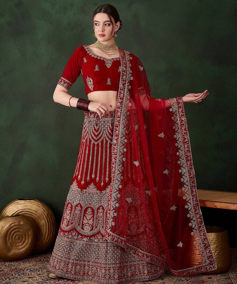 Red Semi-Stiched Heavy Zari Embroidery Velvet Lehenga Choli 