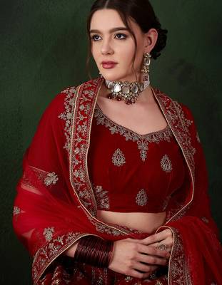 Red Semi-Stiched Heavy Zari Embroidery Velvet Lehenga Choli  4