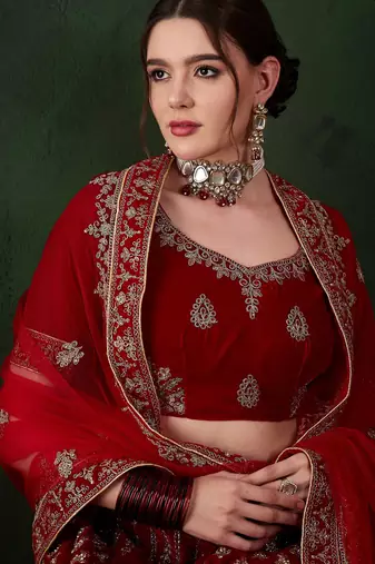 Red Semi-Stiched Heavy Zari Embroidery Velvet Lehenga Choli 