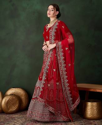 Red Semi-Stiched Heavy Zari Embroidery Velvet Lehenga Choli  2