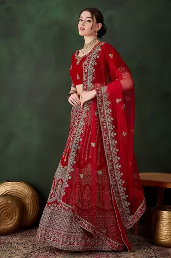 Red Semi-Stiched Heavy Zari Embroidery Velvet Lehenga Choli 