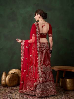 Red Semi-Stiched Heavy Zari Embroidery Velvet Lehenga Choli  3