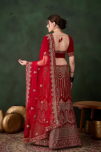 Red Semi-Stiched Heavy Zari Embroidery Velvet Lehenga Choli 