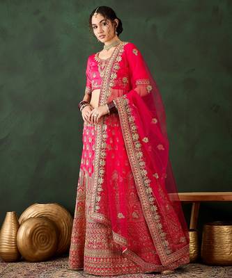 Pink Semi-Stiched Heavy Zari Embroidery Silk Lehenga Choli 1