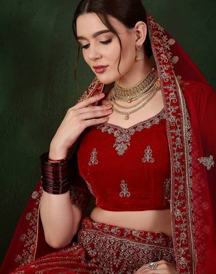 Red Semi-Stiched Heavy Zari Embroidery Velvet Lehenga Choli  4