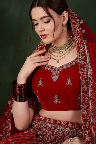 Red Semi-Stiched Heavy Zari Embroidery Velvet Lehenga Choli 