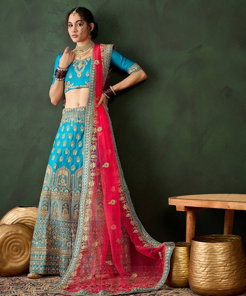 sky Blue Semi-Stiched Heavy Zari Embroidery Silk Lehenga Choli 