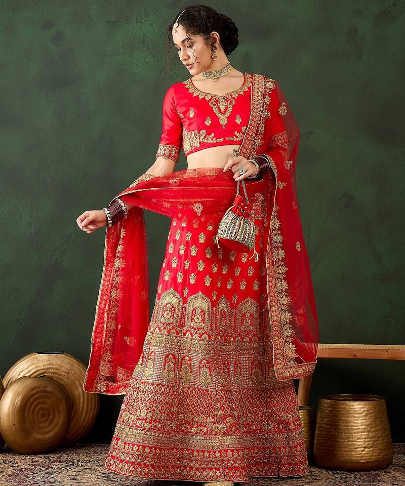 Red Semi-Stiched Heavy Zari Embroidery Silk Lehenga Choli 
