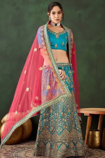 Sky Blue Semi-Stiched Heavy Zari Embroidery Silk Lehenga Choli 