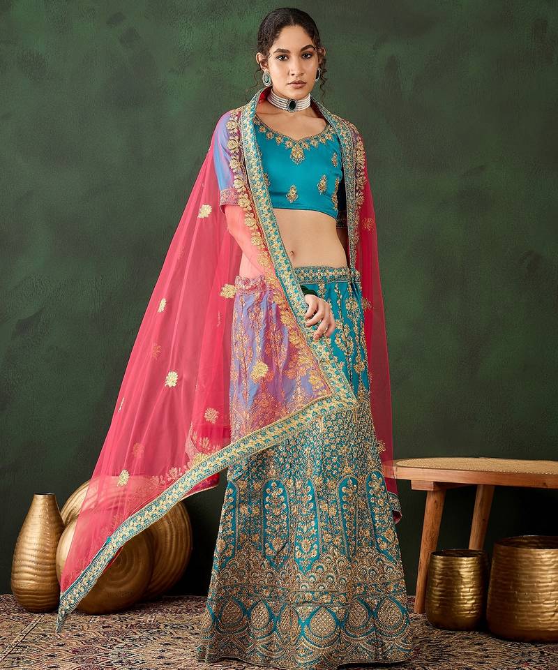 Sky Blue Semi-Stiched Heavy Zari Embroidery Silk Lehenga Choli 