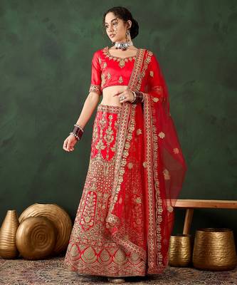 Red Semi-Stiched Heavy Zari Embroidery Silk Lehenga Choli 1
