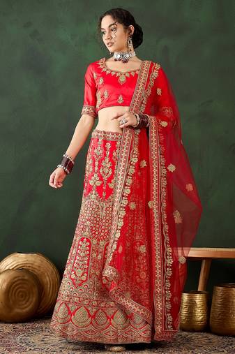 Red Semi-Stiched Heavy Zari Embroidery Silk Lehenga Choli 