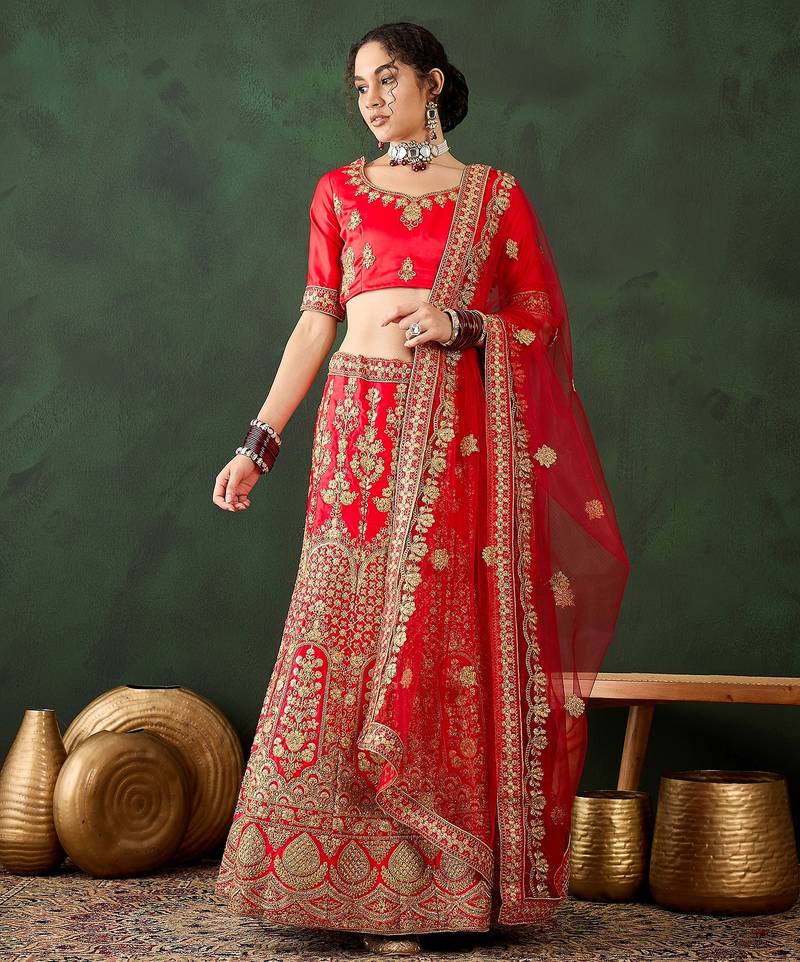 Red Semi-Stiched Heavy Zari Embroidery Silk Lehenga Choli 
