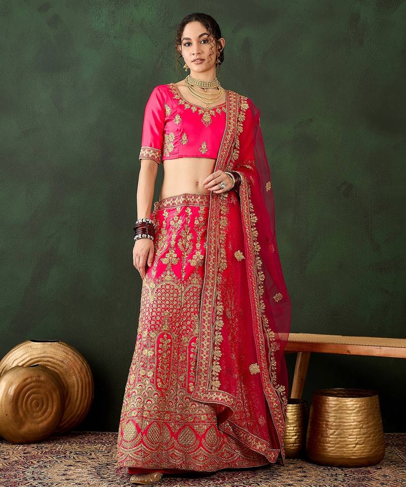 Pink Semi-Stiched Heavy Zari Embroidery Silk Lehenga Choli 