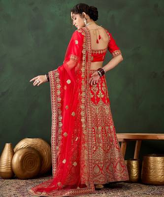 Red Semi-Stiched Heavy Zari Embroidery Silk Lehenga Choli 3