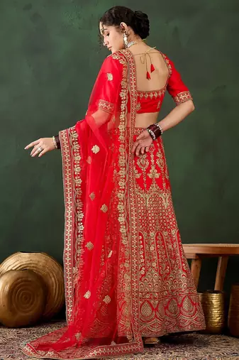 Red Semi-Stiched Heavy Zari Embroidery Silk Lehenga Choli