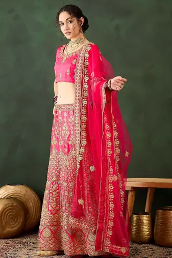 Pink Semi-Stiched Heavy Zari Embroidery Silk Lehenga Choli