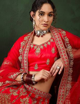 Red Semi-Stiched Heavy Zari Embroidery Silk Lehenga Choli 4